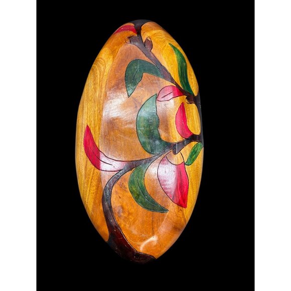 VTG MCM Hand-Carved Exotic Wood Divided Serving Bowl W/ Hand-Painted Floral Desi - Picture 7 of 13